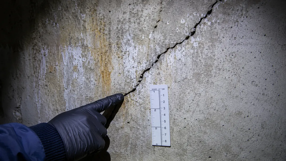 Hairline diagonal crack in a poured-concrete foundation wall with mineral staining
