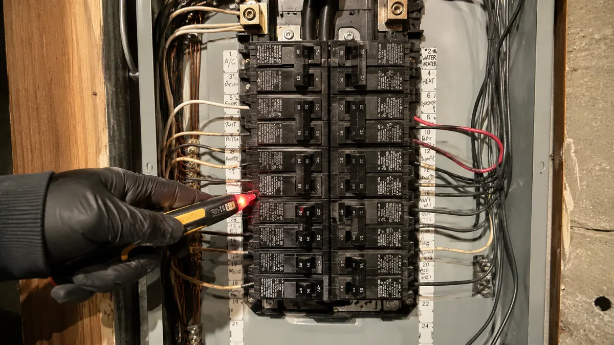 Open residential electrical panel with double-tapped breaker hazard