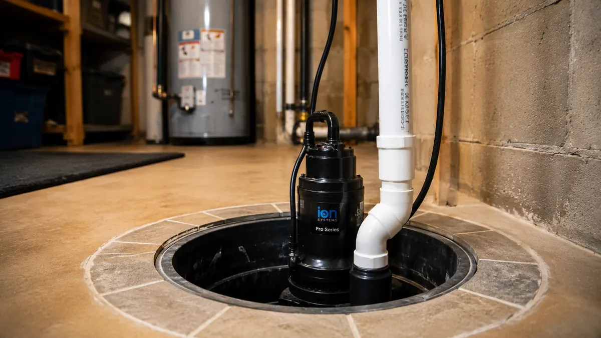 Residential sump pump in basement basin