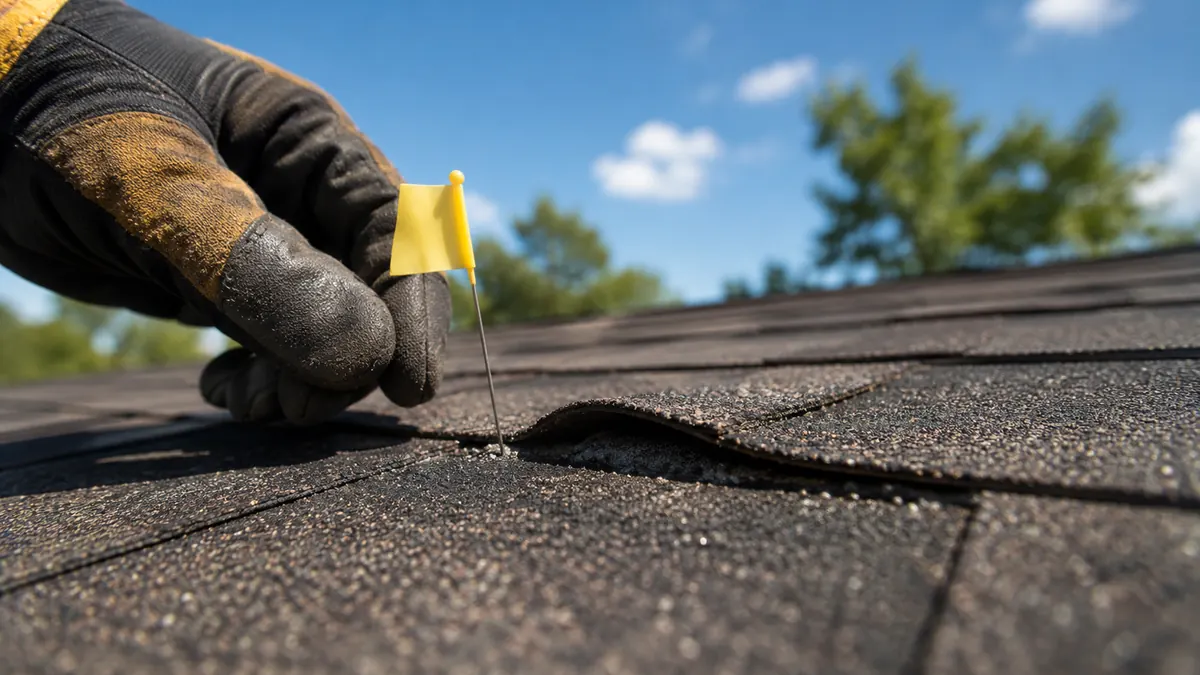 Asphalt-shingle roof close-up showing curl and granule loss