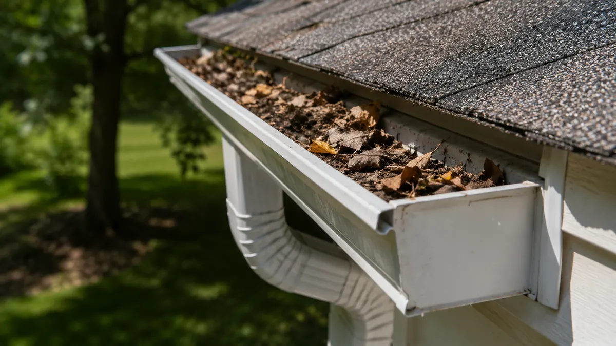Aluminum gutter and downspout with debris
