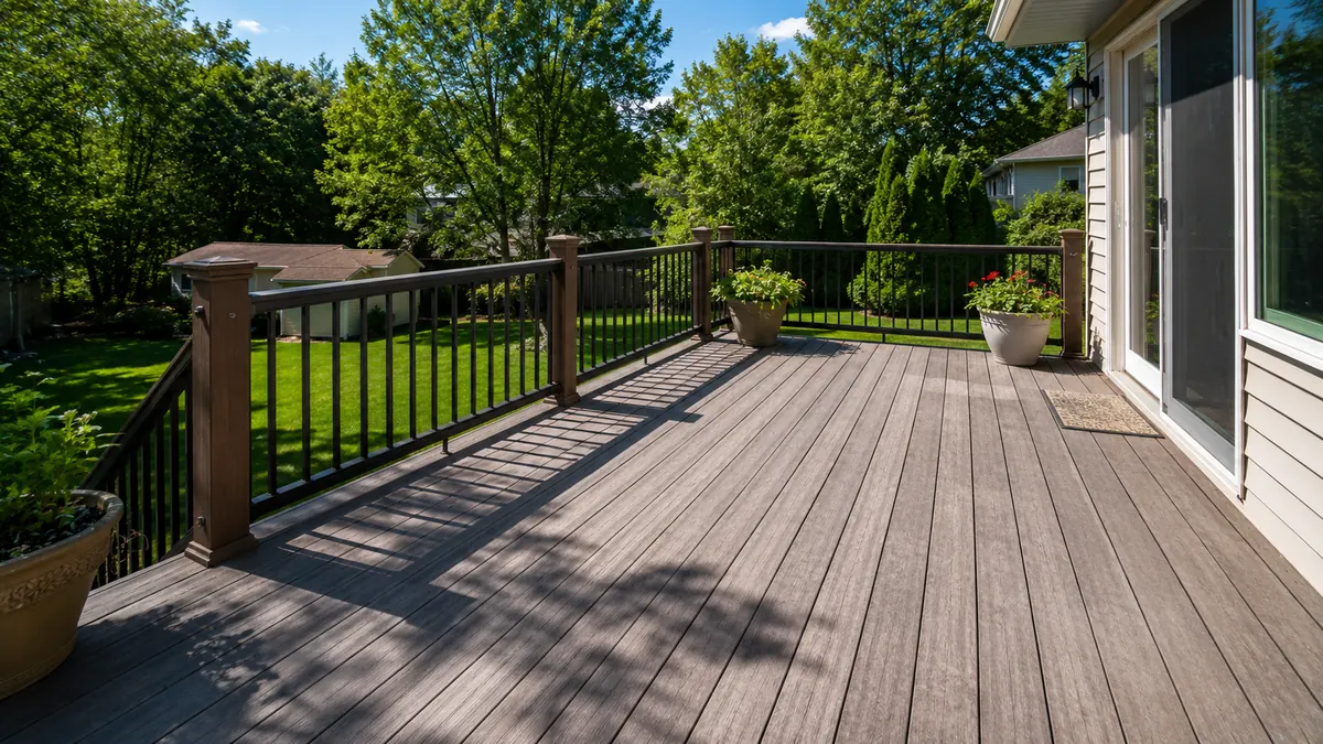 Composite-board residential deck with railing
