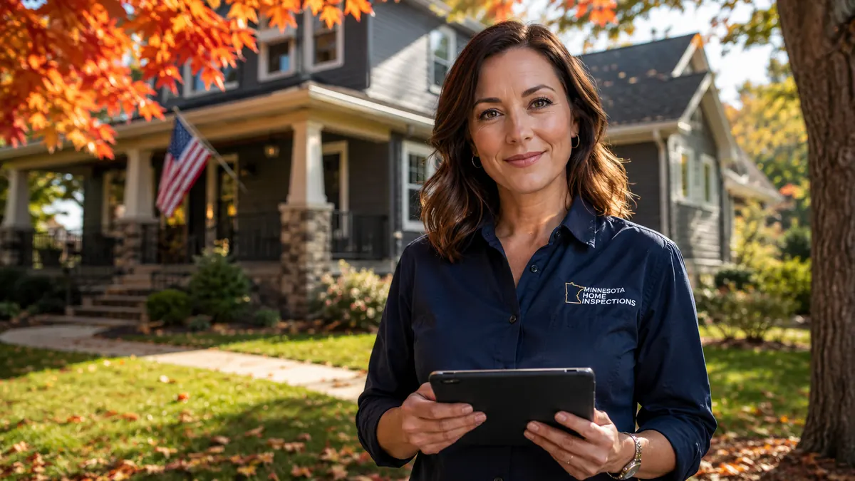 Female SewerScopeMN inspector in front of a Minnesota home in autumn