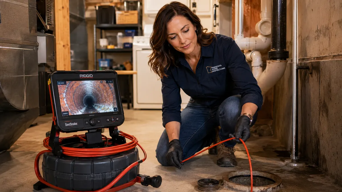 Female SewerScopeMN inspector running a sewer scope camera in a basement