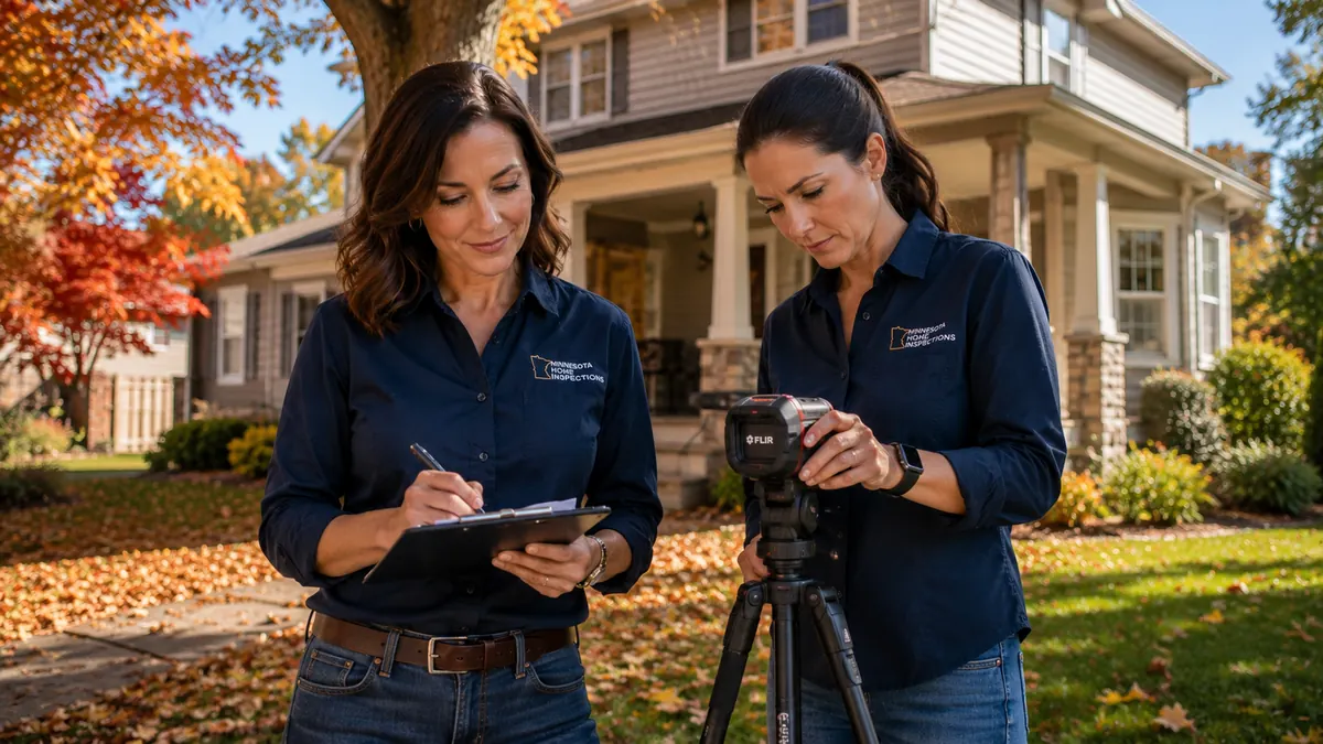 Two female SewerScopeMN inspectors collaborating outside a Minnesota home in autumn