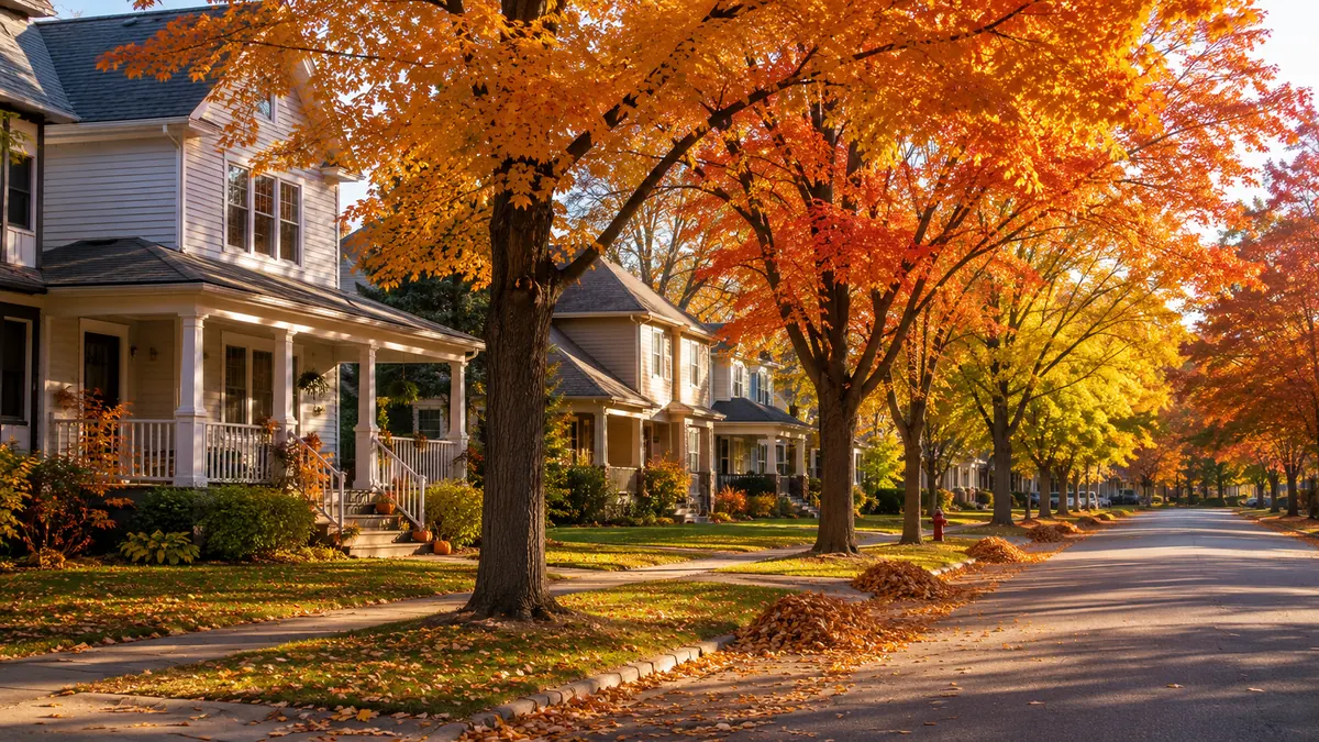 A Minnesota residential lot in late autumn with first frost setting in over a sewer-line corridor