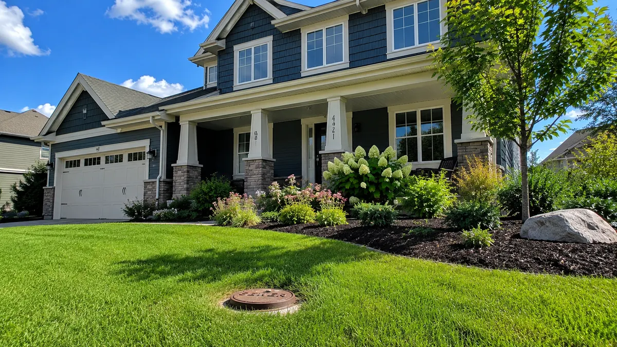 A summer Minnesota home with a visible sewer cleanout cap in the front yard