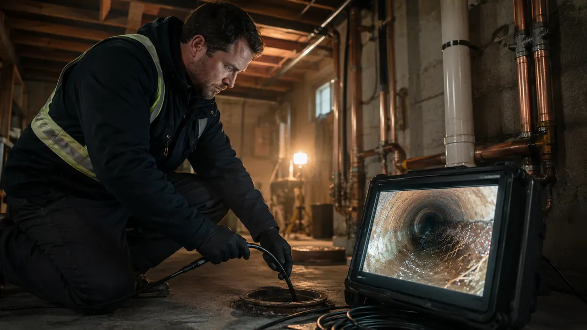 Inspector running a sewer scope in a Minneapolis basement to document FOG buildup in the lateral