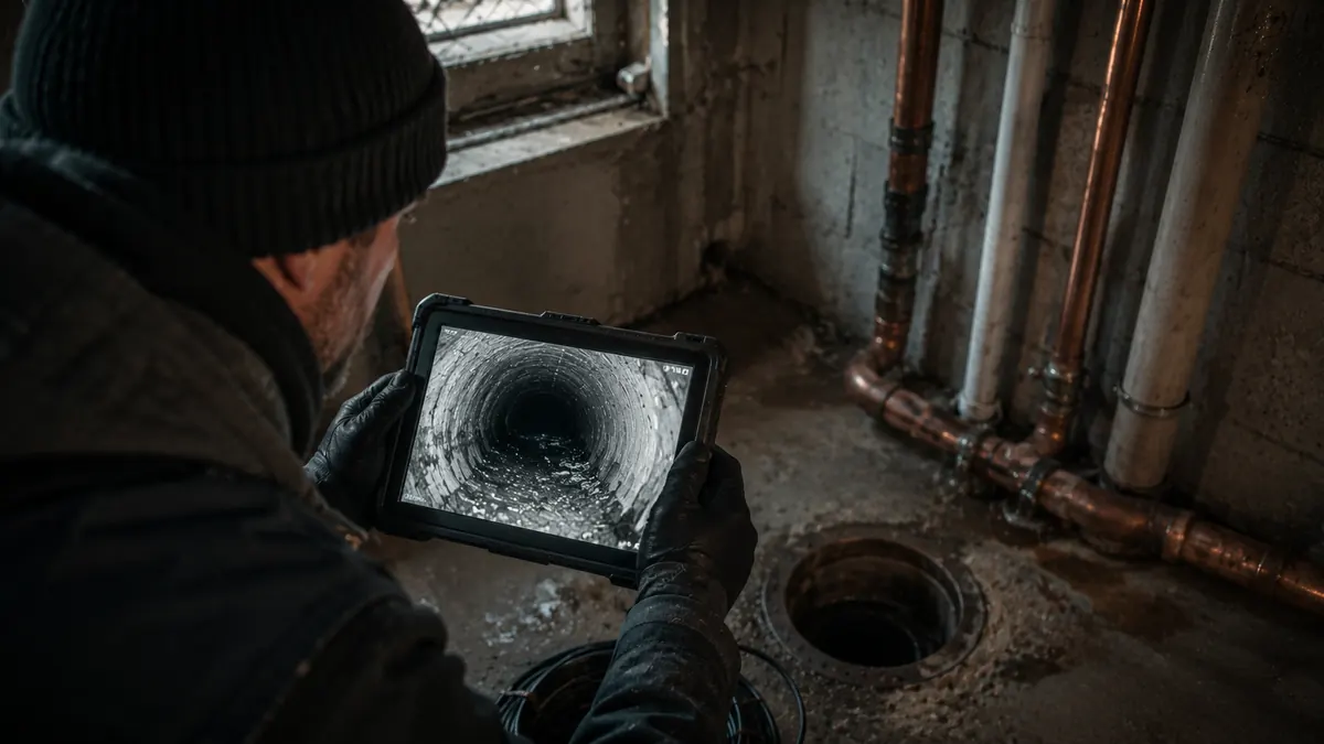 SewerScopeMN inspector examining a residential basement floor drain