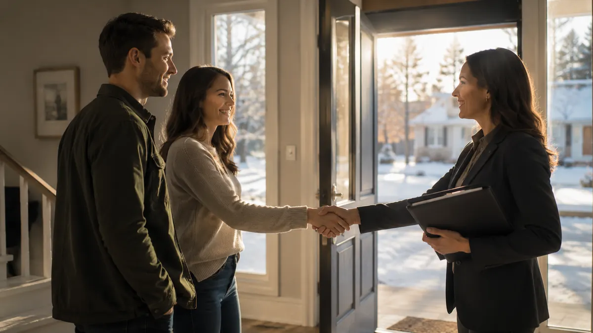 A homeowner shaking hands with a real-estate agent after closing on a Minnesota home