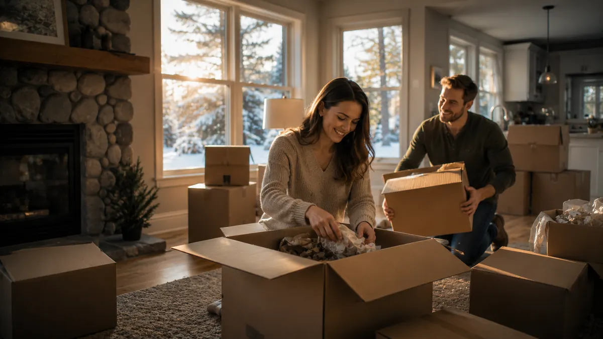 A young couple unpacking boxes in a freshly purchased Minnesota home