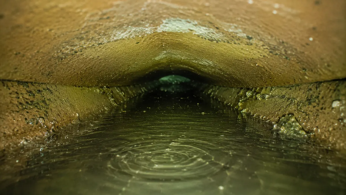 Two misaligned clay-tile sewer pipe segments showing an offset joint with soil visible through the gap