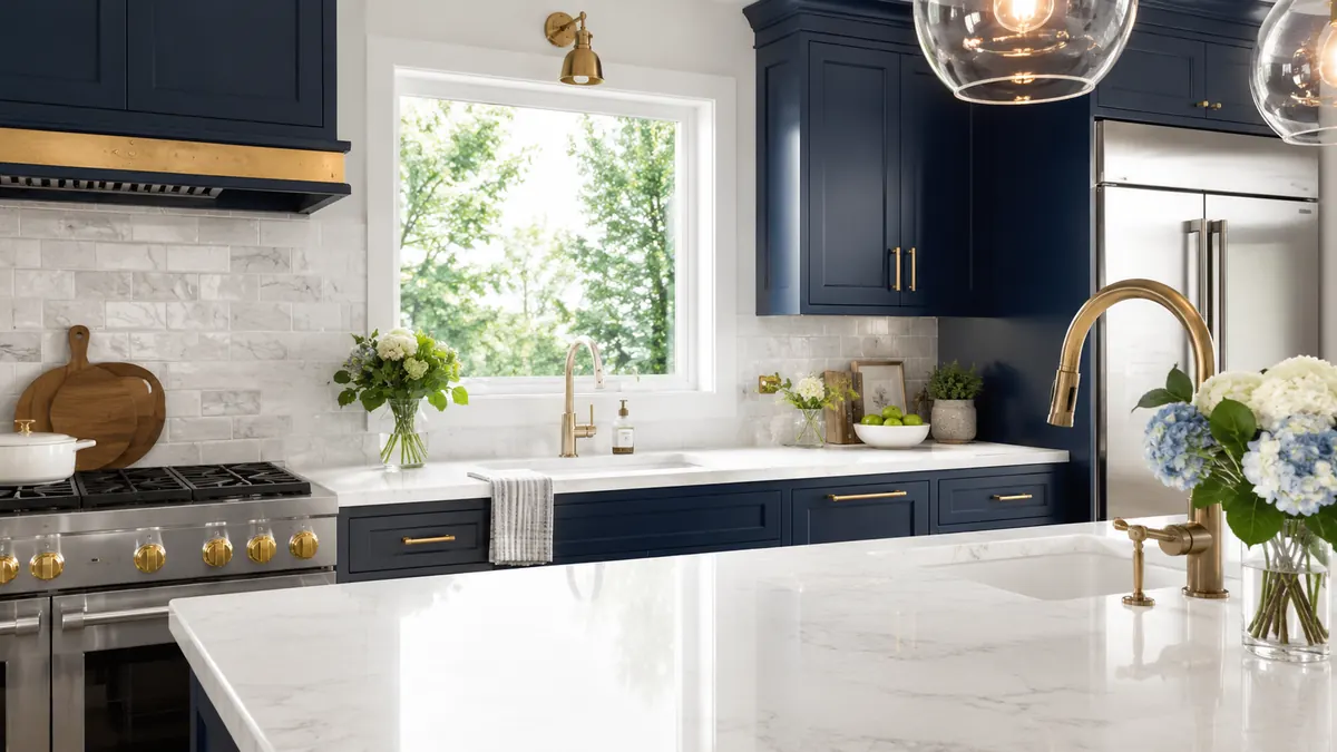 A bright modern Minnesota kitchen with quartz counters and brass fixtures