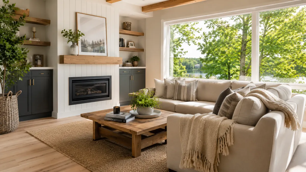 A bright airy Minnesota living room with neutral sectional and large window