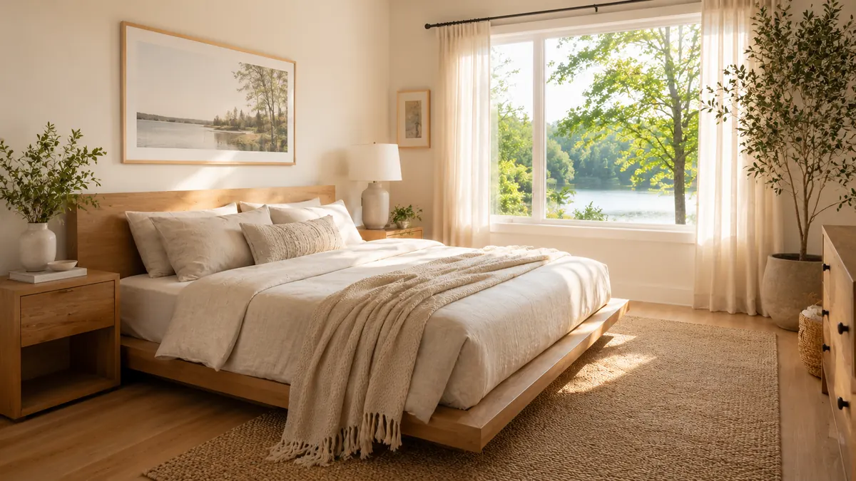 A modern Minnesota primary bedroom with linen bedding and soft window light