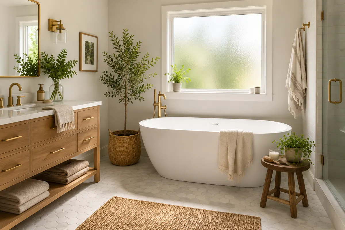 A clean modern Minnesota bathroom with freestanding tub and brushed brass fixtures