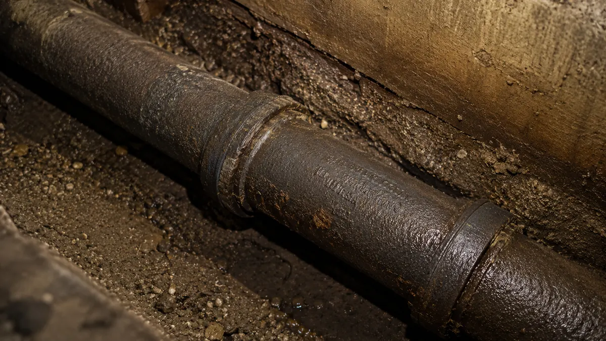 Corroded cast-iron sewer pipe interior