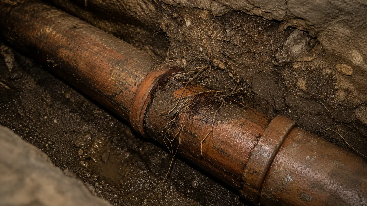 Vitrified clay-tile sewer pipe with damp interior