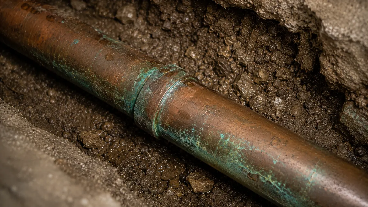 Copper drain line interior with green patina