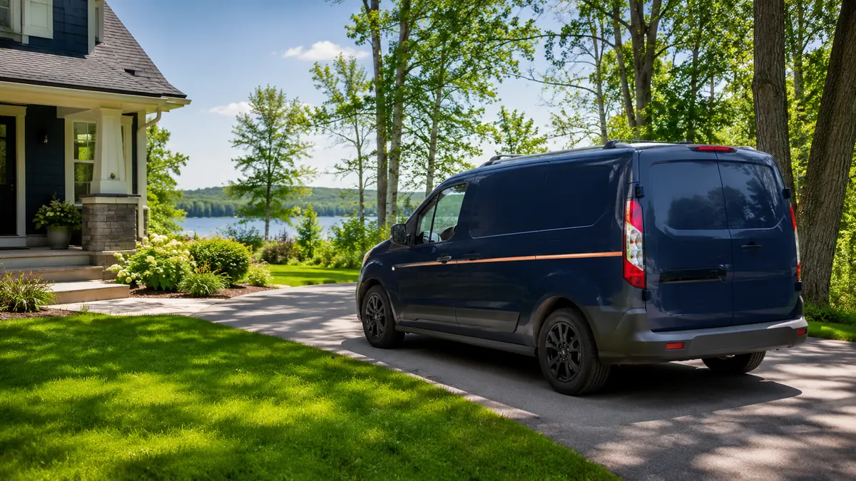 SewerScopeMN inspector service van arriving at a Minnesota home driveway in summer
