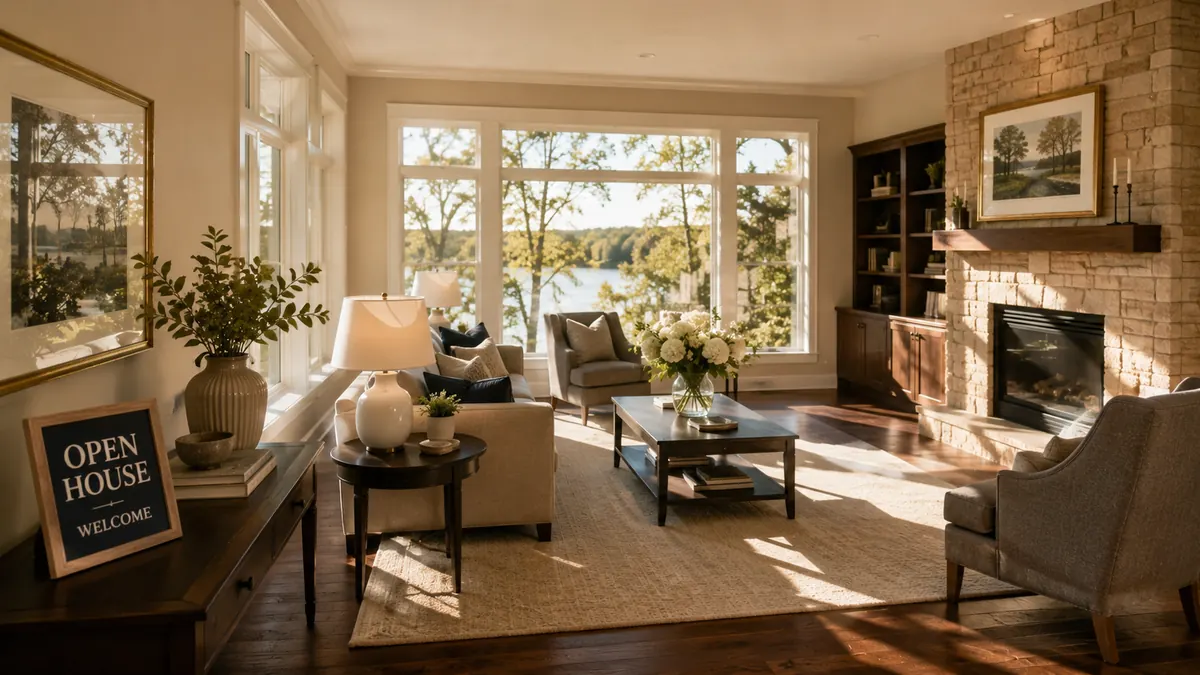 A bright Minnesota living room staged for an open house