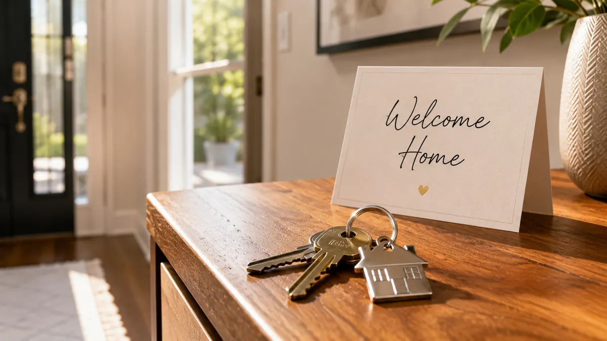 A pair of new house keys on a modern entryway table with a welcome home card