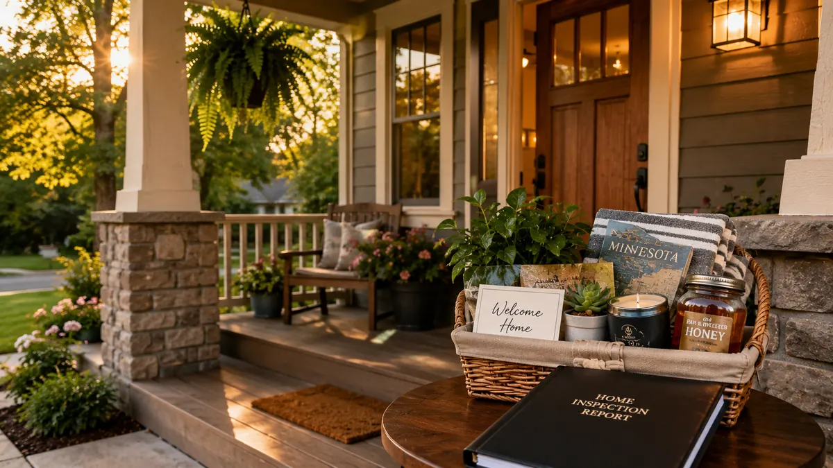 A welcoming Minnesota porch in summer with a SewerScopeMN inspection-report folder on a side table