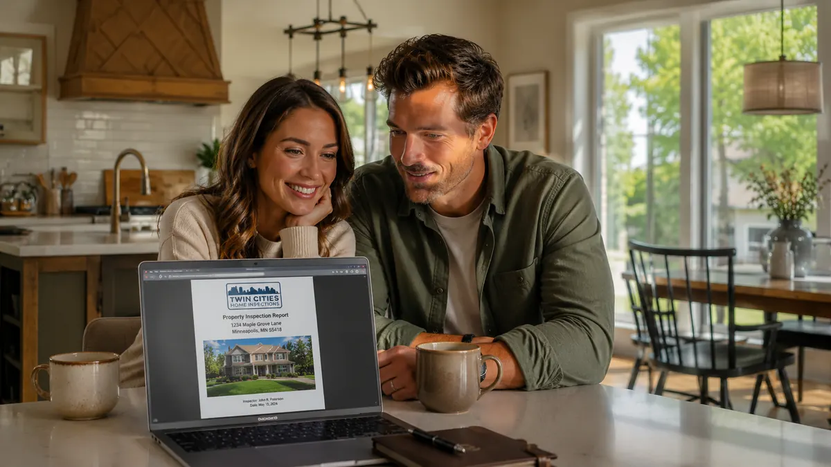 A couple reviewing their SewerScopeMN inspection report on a laptop at a sunny kitchen island