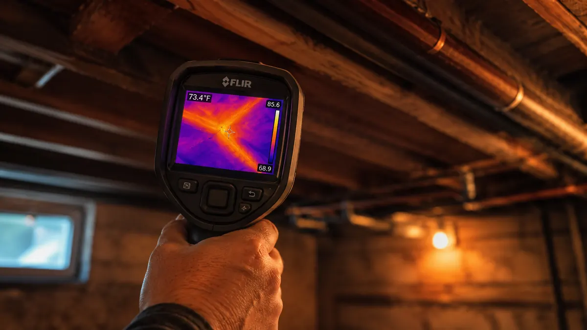 Handheld infrared thermal imaging camera scanning a basement ceiling