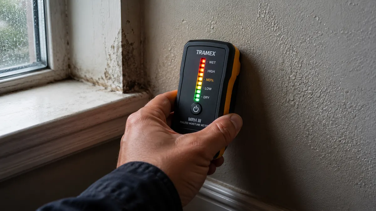 Pinless moisture meter pressed against a damp drywall corner